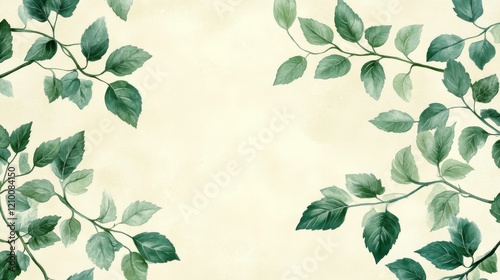 Watercolor Painting of Green Leaves Bordering a Cream Background