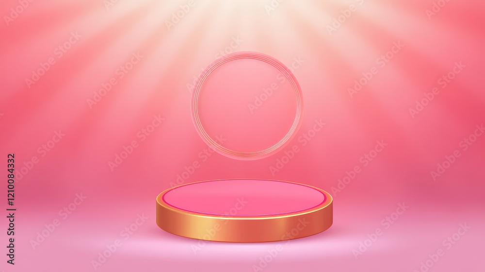 Obraz premium A glowing pedestal with a circular display area, set against a pink background, creating a vibrant and inviting presentation space.