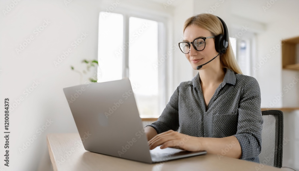 A woman working remotely on her laptop, wearing a headset with a microphone, during a virtual video team meeting A woman working remotely on her laptop, wearing a headset with a microphone, during a virtual video team meeting