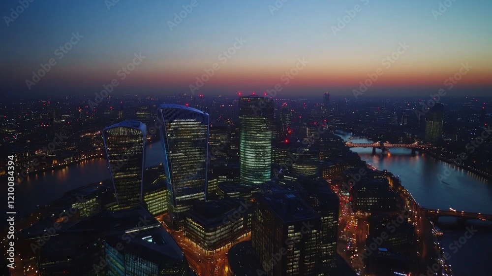 Fototapeta premium Stunning aerial view of a cityscape at twilight. The skyline lights up as day turns to night. A peaceful moment captured in urban life. Generative AI.