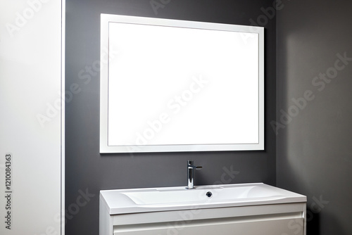 Stand with sink and supplies near dark tiled wall in bathroom with dim lights semi darkness twilight and mirror with frame mockup copyspace Contemporary bathroom detail of rustic loft interior concept photo