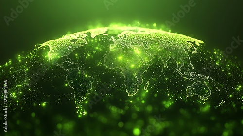Green Energy Planet: A stylized digital rendering of planet Earth, glowing with vibrant green energy lines, symbolizing global sustainability and interconnectedness. 