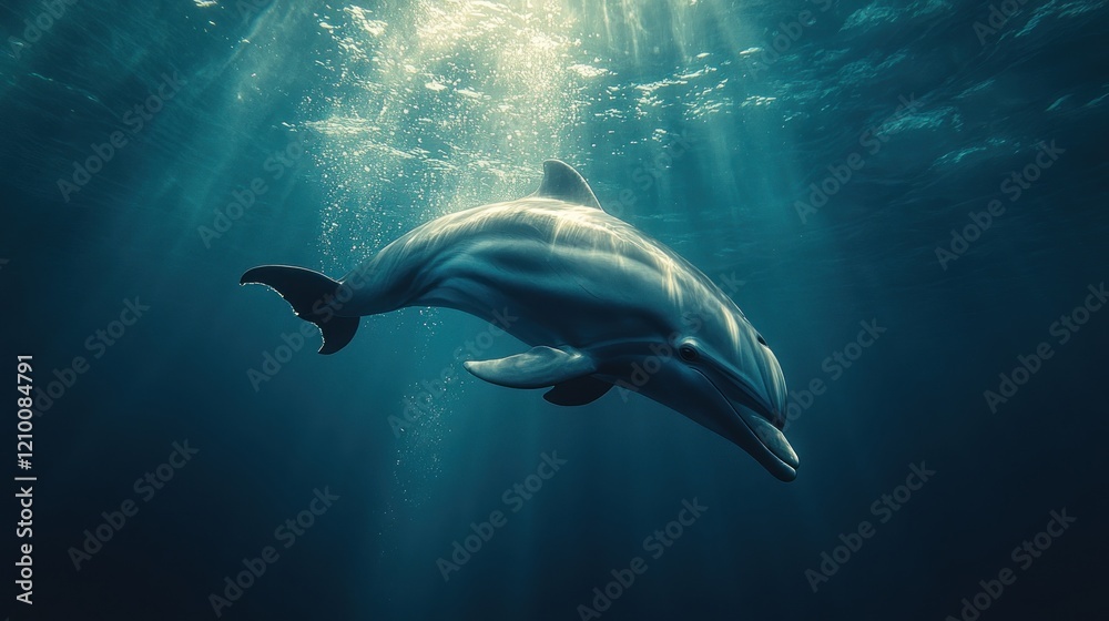 Obraz premium Dolphin swimming ocean sunlight underwater marine life