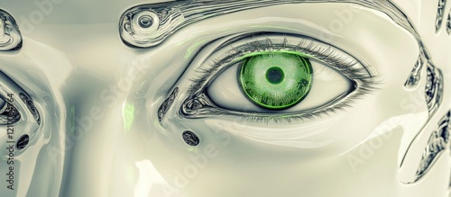 Robot Face Close-up Green Eyes, Circuit Background, AI Concept