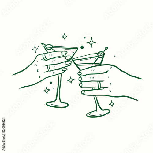 Sketch clink glasses with martini cocktail vector, hand drawn martini party