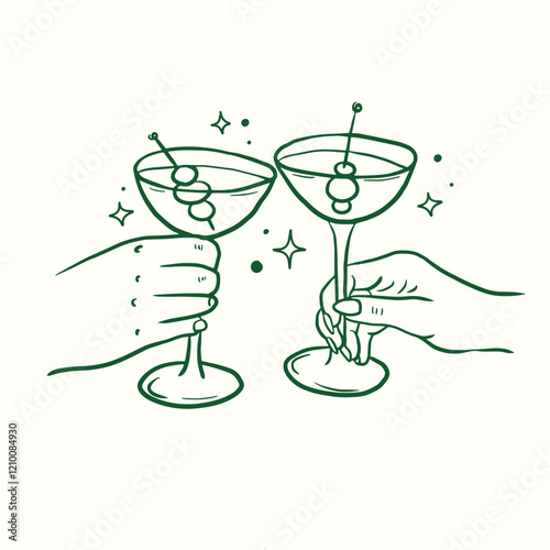 Hand drawn martini cocktails, sketch martini glass