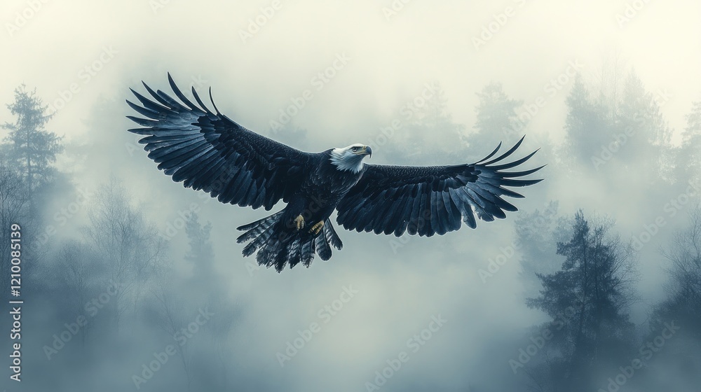 Naklejka premium Majestic eagle soaring, foggy forest, freedom, nature print