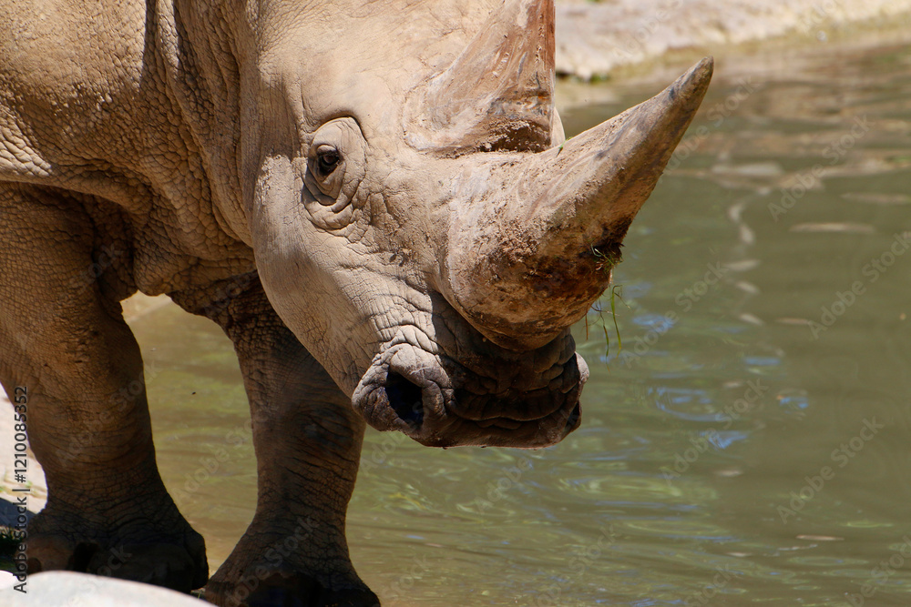 Fototapeta premium Breitmaulnashorn (Ceratotherium simum) oder Breitlippennashorn, Kopf, Portrait