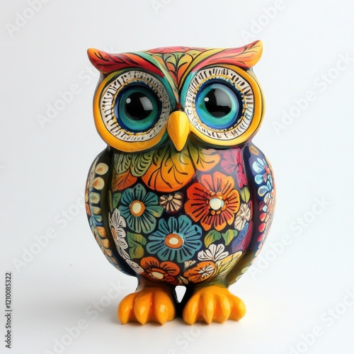 Colorful ceramic owl figurine showcasing intricate floral designs in a vibrant display of hand-painted artistry photo