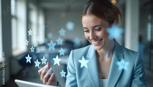 Customer feedback and review good rating concept, person in a business suit interacting with floating digital 5-star customer reviews