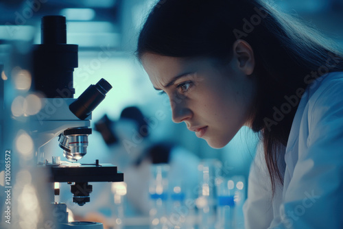 Young scientists conducting research investigations in a medical laboratory, a researcher in the foreground is using a microscope photo