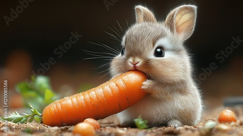 Adorable bunny rabbit eating large carrot outdoors, surrounded by carrots; children's book illustration photo