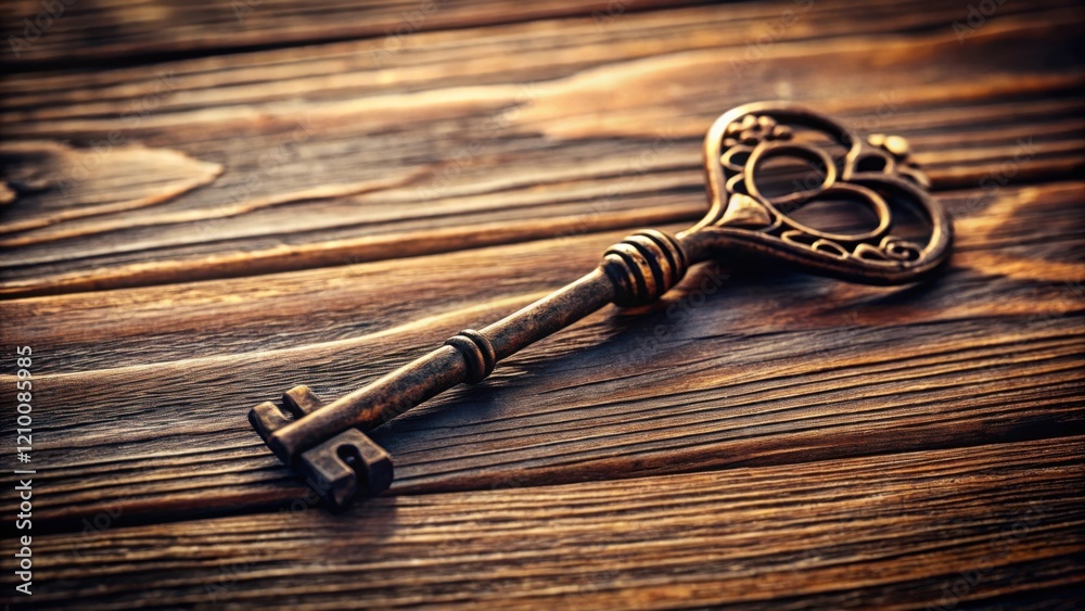 An ornate antique skeleton key rests on a rustic wooden surface, bathed in warm, golden light, suggesting mystery and forgotten secrets An ornate antique skeleton key rests on a rustic wooden surface, bathed in warm, golden light, suggesting mystery and forgotten secrets