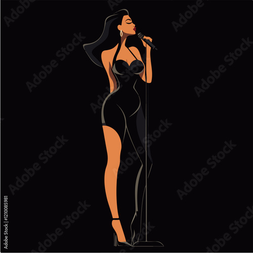 Illustration of a beautiful woman singer. Woman with a microphone. Beautiful Girl.