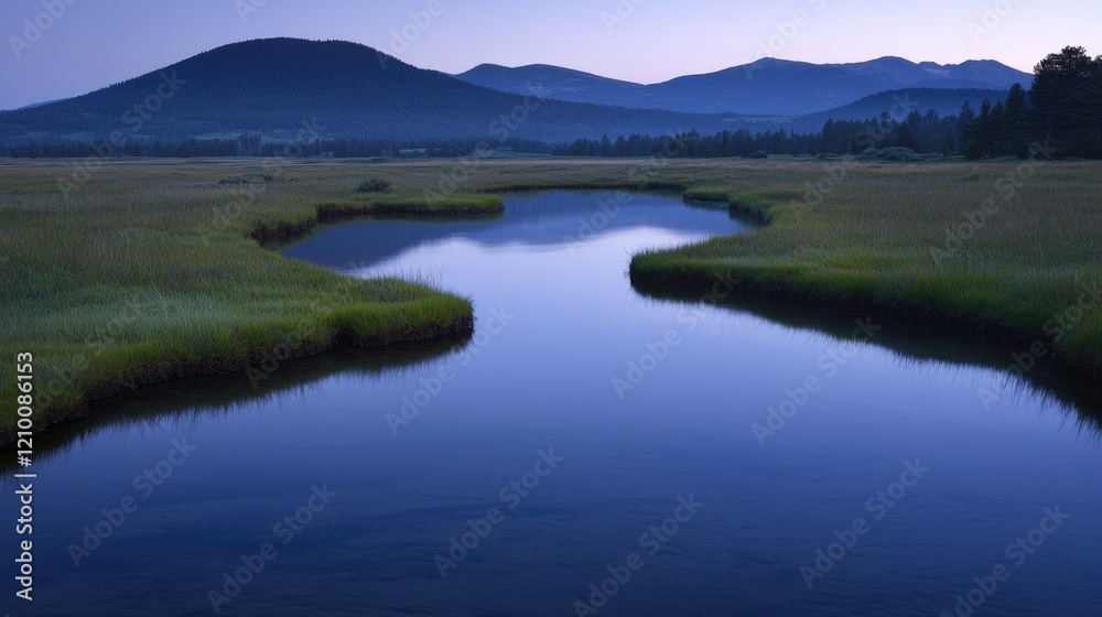 Serene dawn river, mountain landscape, calm water, peaceful background, nature scene Serene dawn river, mountain landscape, calm water, peaceful background, nature scene