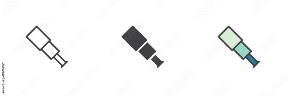 Spyglass telescope different style icon set Spyglass telescope different style icon set