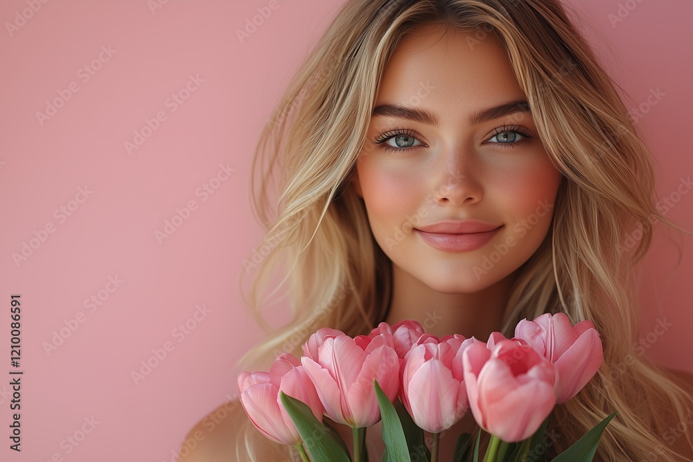 Portrait of cheerful young lady with romantic spring bouquet of tulips over pink studio background. Gorgeous blonde enjoying Woman's Day celebration, receiving flowers as special gift