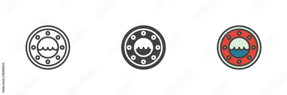 Porthole with sea waves different style icon set Porthole with sea waves different style icon set