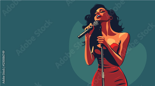 Illustration of a beautiful woman singer. Woman with a microphone. Beautiful Girl.