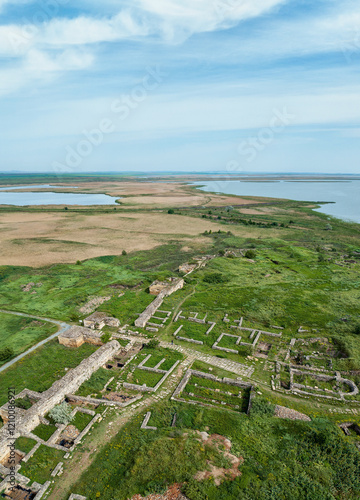 Aerial view of the ancient fortress Histria in Dobrogea, Romania, founded by Greek settlers from Miletus in 657 BC as a port on the Black Sea.