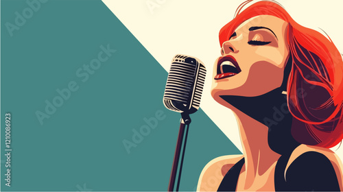 Illustration of a beautiful woman singer. Woman with a microphone. Beautiful Girl.