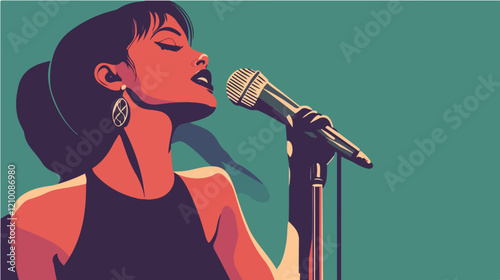 Illustration of a beautiful woman singer. Woman with a microphone. Beautiful Girl.