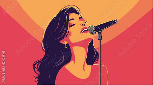Illustration of a beautiful woman singer. Woman with a microphone. Beautiful Girl.