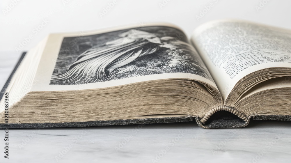 Open Book with Illustrations on White Surface Open Book with Illustrations on White Surface