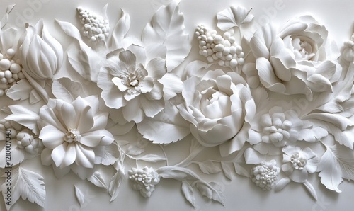 A white wall with a floral arrangement on one side, leaves cascading down the other, and a second bunch of flowers on the opposite side photo