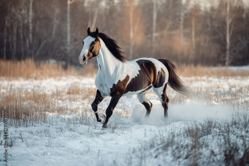 Horse runs gallop on the winter field. Black and white photography with color horse photo