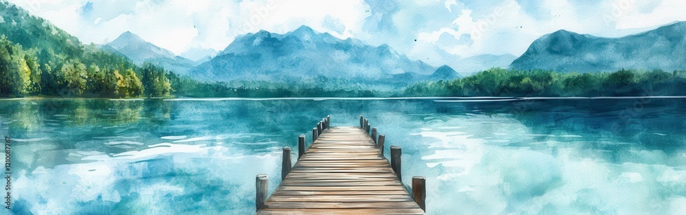 Naklejka premium Wooden pier stretching into clear blue lake with mountains reflecting in tranquil water, showcasing nature's serene beauty