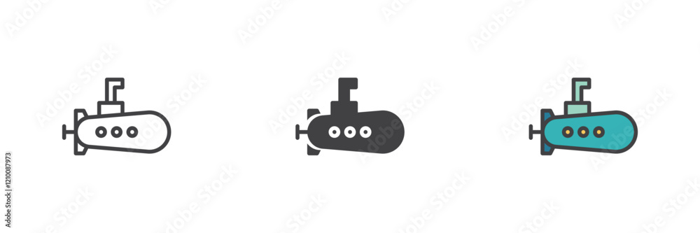 Submarine with periscope different style icon set Submarine with periscope different style icon set