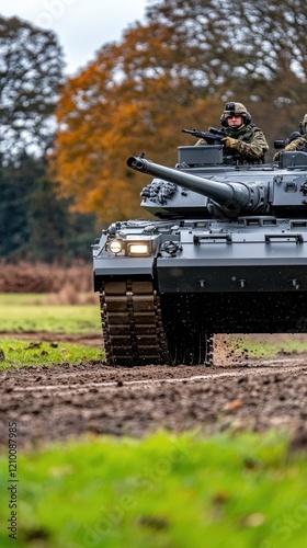 Challenger main battle tank advances along a winding road amid lush fields and vibrant autumn trees under clear skies