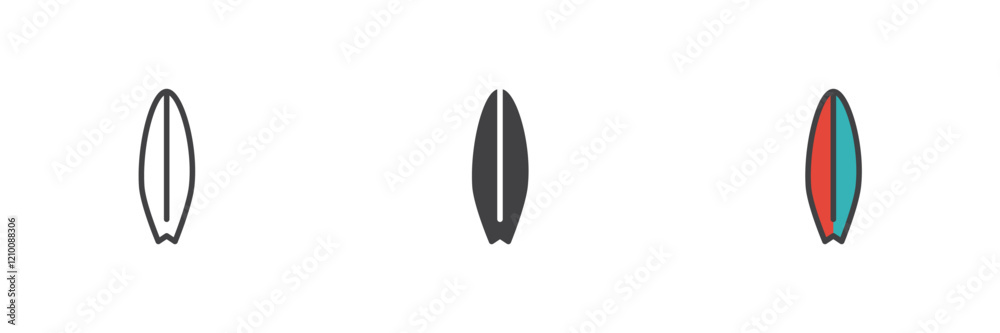 Surfboard different style icon set Surfboard different style icon set