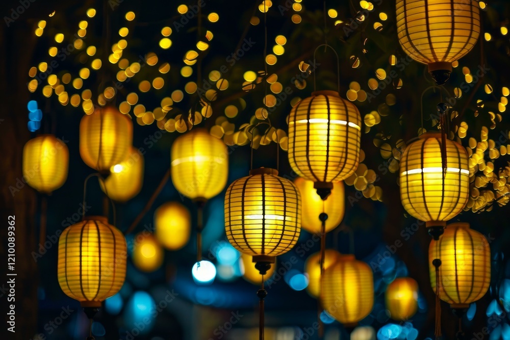 Obraz premium Beautiful paper lanterns illuminating the night, creating a warm and festive ambiance