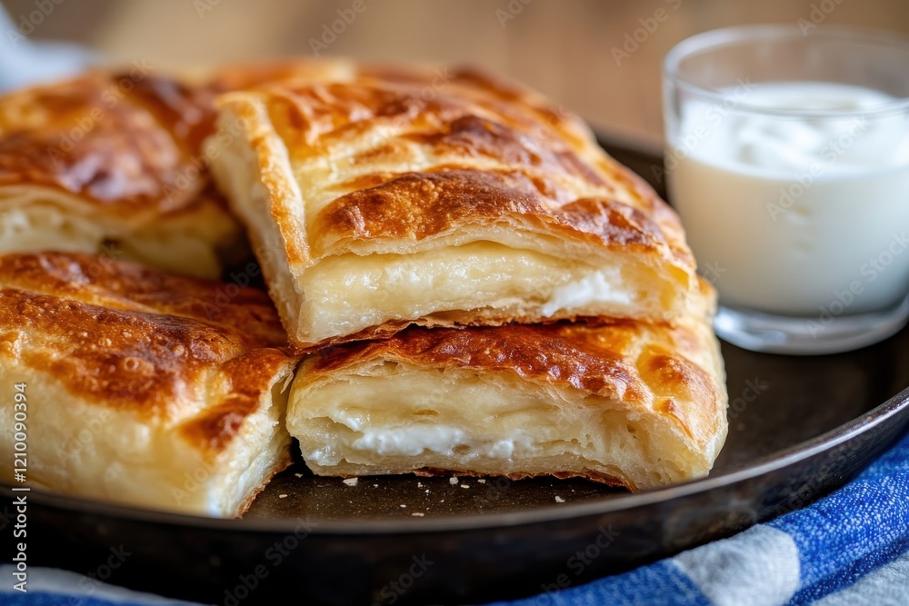 This image captures a layered cheese pie with a crispy top next to a glass of creamy yogurt, highlighting the fresh, homemade feel of a delightful culinary experience. This image captures a layered cheese pie with a crispy top next to a glass of creamy yogurt, highlighting the fresh, homemade feel of a delightful culinary experience.