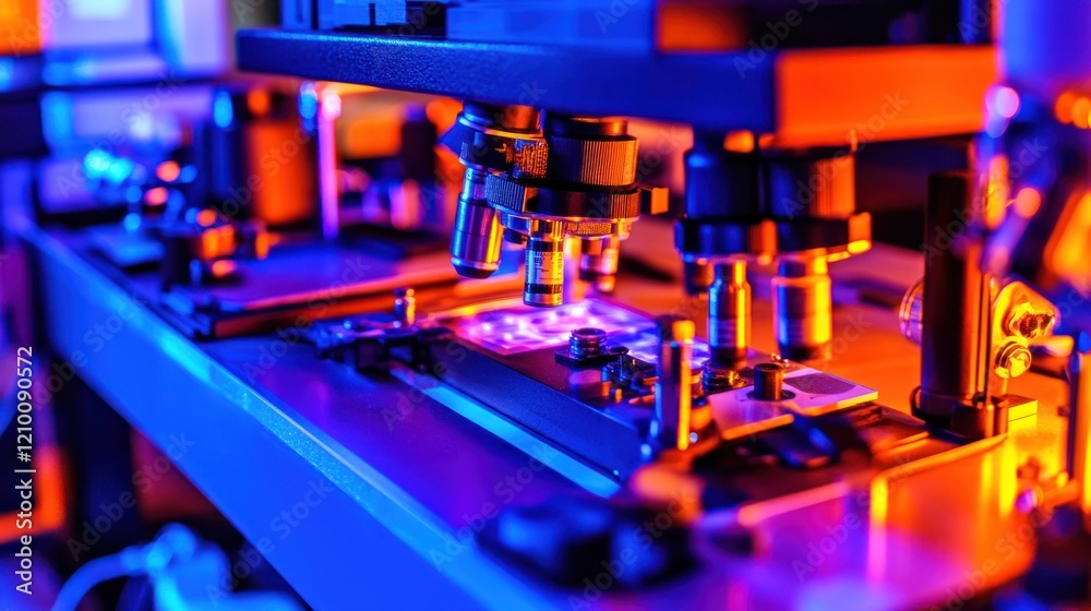 Fototapeta premium Lab microscopes inspect circuit board, illuminated; tech research