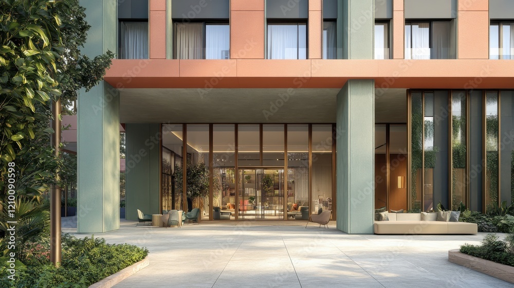 Obraz premium Calming entrance of a modern building with soft gradient colors creating a welcoming atmosphere