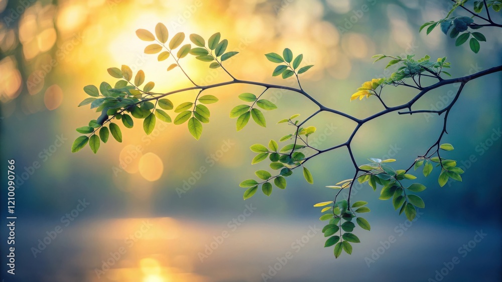 Obraz premium Serene Sunset Silhouette A Branch's Gentle Embrace of Golden Light and Verdant Leaves