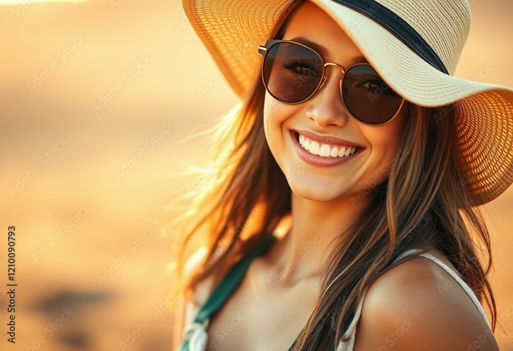 A smiling young woman in summer attire, standing in a sun-drenched landscape A smiling young woman in summer attire, standing in a sun-drenched landscape