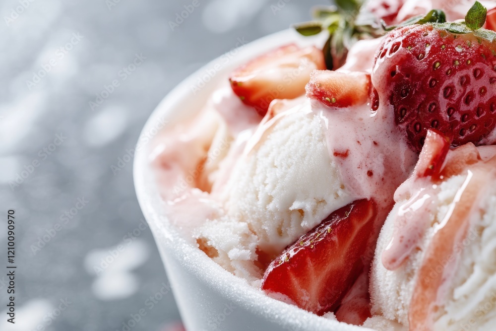 A sumptuous cup of strawberry ice cream adorned with fresh berries and a creamy swirl, designed to satisfy cravings and provide a refresher during warm summer days. A sumptuous cup of strawberry ice cream adorned with fresh berries and a creamy swirl, designed to satisfy cravings and provide a refresher during warm summer days.