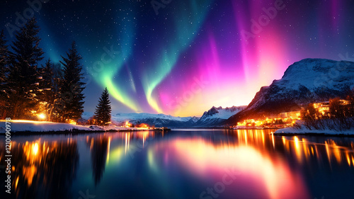 Aurora borealis display arctic region nature photography serene landscape night sky ai generate beauty