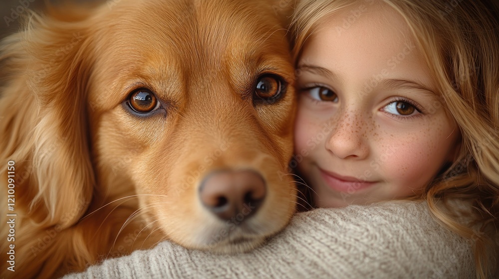 Girl hugging golden retriever indoors, close-up, winter