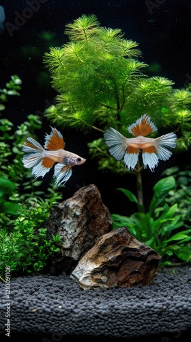 Red zebra chili fish swims among colorful tropical fish in an aquarium illuminated by natural light, showcasing its beauty and movement