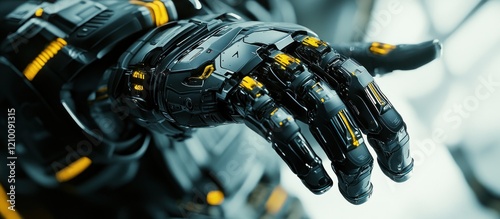 Robotic hand reaching, futuristic tech, blurred background, sci-fi game asset photo