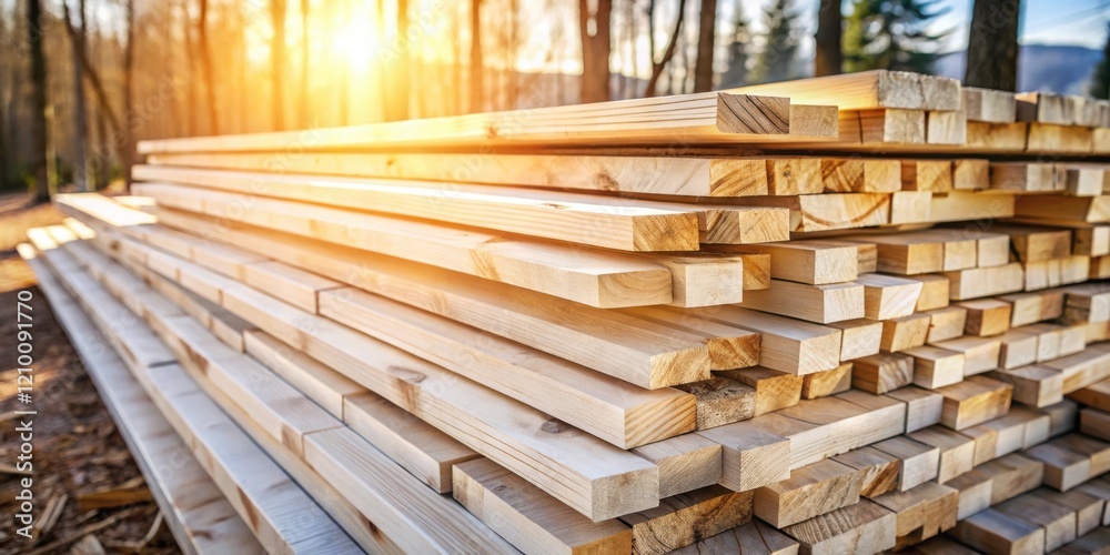 Sunlight illuminates a neatly stacked pile of freshly cut lumber, showcasing the natural beauty of the wood grain and the precise craftsmanship of the cuts, ready for construction projects. Sunlight illuminates a neatly stacked pile of freshly cut lumber, showcasing the natural beauty of the wood grain and the precise craftsmanship of the cuts, ready for construction projects.