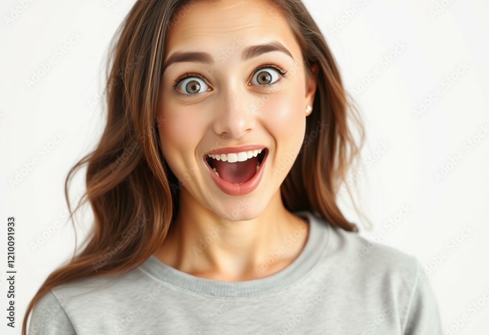 Surprised female portrait with a bright smile and relaxed pose Surprised female portrait with a bright smile and relaxed pose