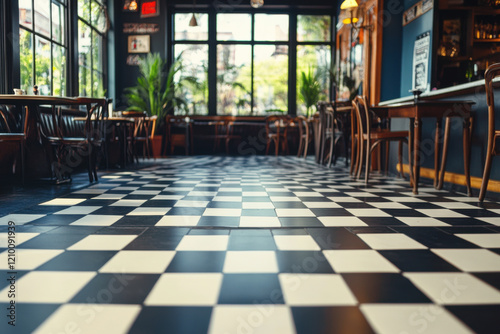 Checkerboard floor with vintage diner decor in the background photo