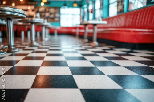 Checkerboard floor with vintage diner decor in the background photo