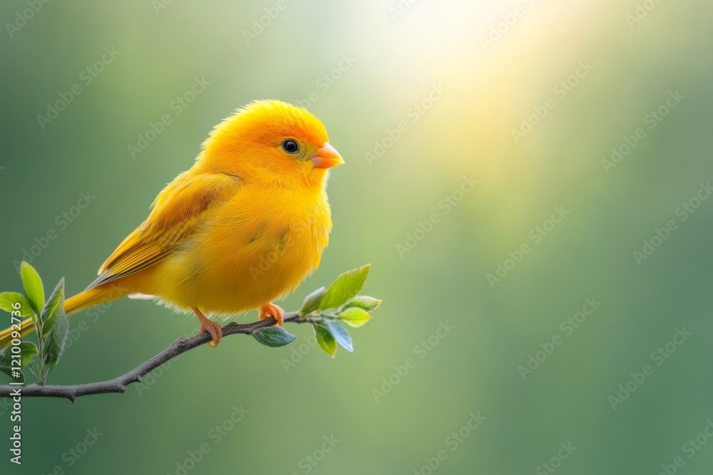 A yellow canary perched on a delicate tree branch, surrounded by a blurred green background A yellow canary perched on a delicate tree branch, surrounded by a blurred green background